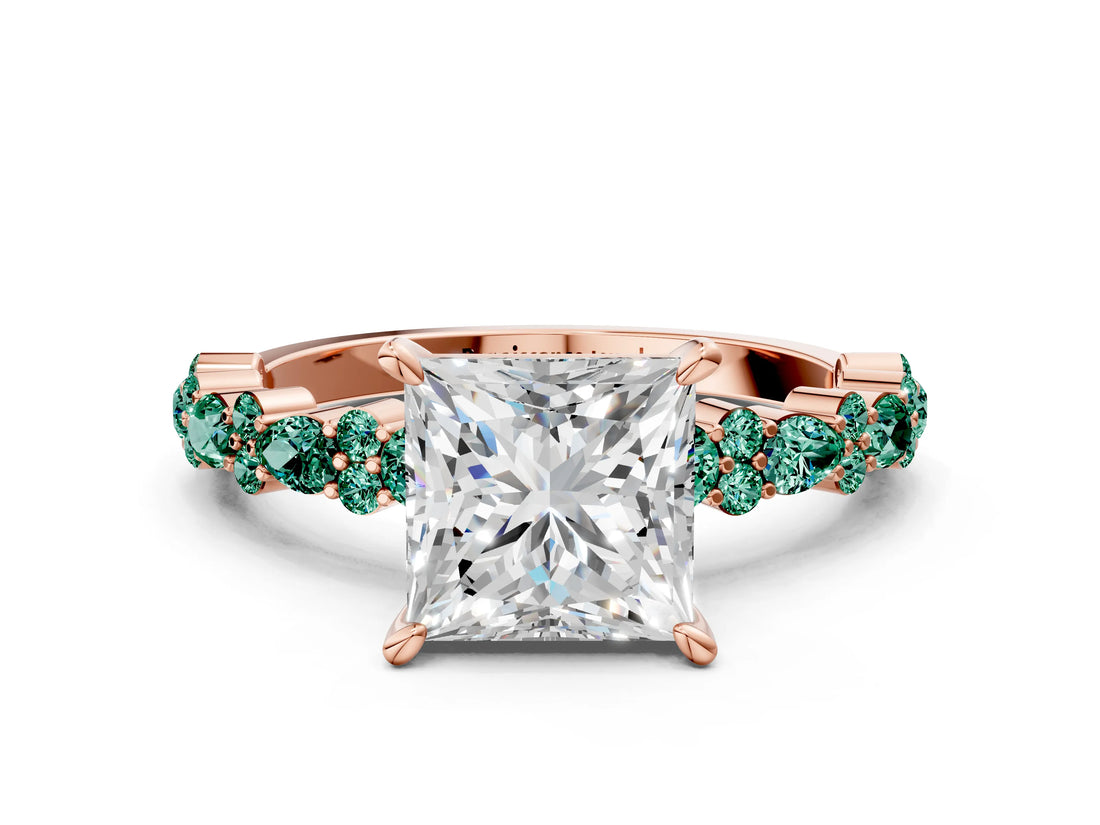 Rose gold Princess Cut Diamond Side Stone Solitaire Ring with Round with Green Sapphire side stone and Four-Prong Setting