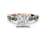Rose gold Princess Cut Diamond Side Stone Solitaire Ring with Round with Green Sapphire side stone and Four-Prong Setting