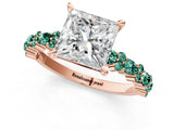 Rose gold Princess Cut Diamond Side Stone Solitaire Ring with Round with Green Sapphire side stone and Four-Prong Setting_1
