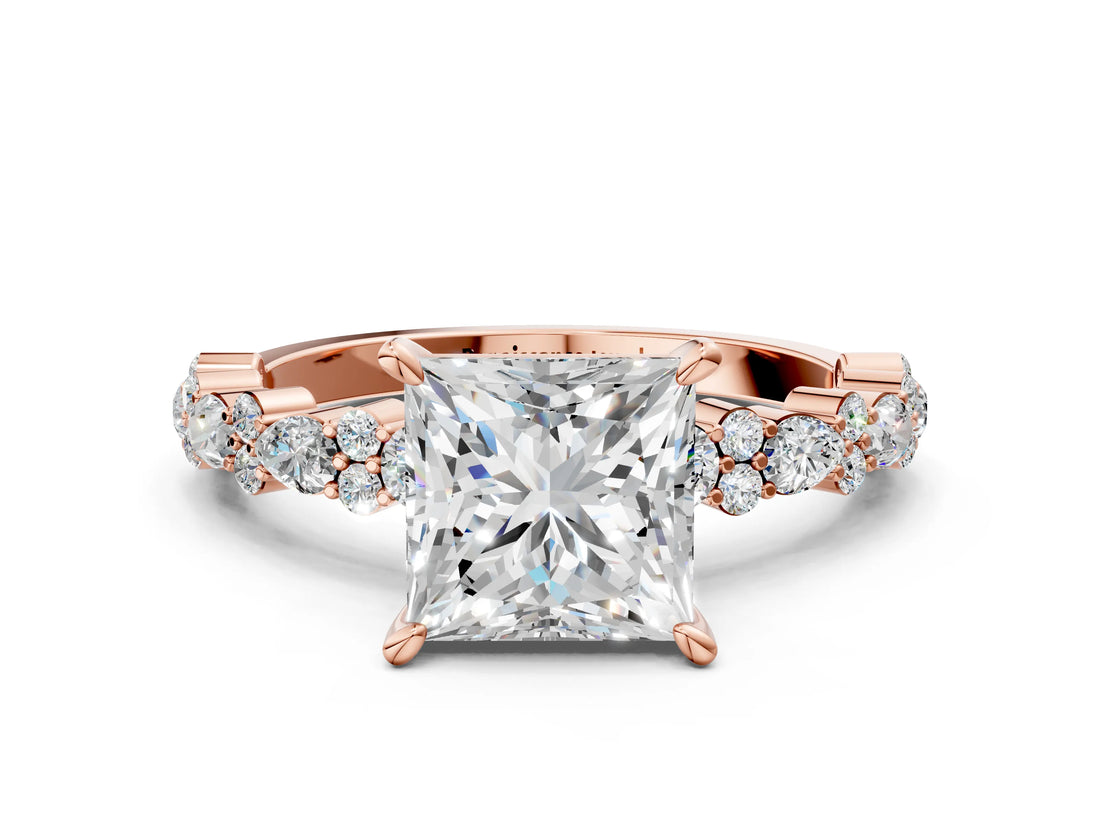 Rose gold Princess Cut Diamond Side Stone Solitaire Ring with Round with Moissanite side stone and Four-Prong Setting