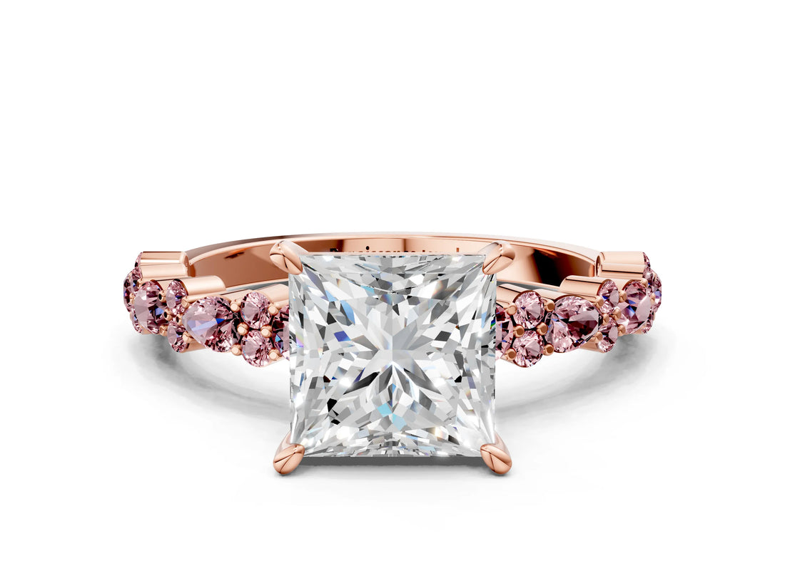 Rose gold Princess Cut Diamond Side Stone Solitaire Ring with Round with Morganite side stone and Four-Prong Setting