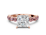 Rose gold Princess Cut Diamond Side Stone Solitaire Ring with Round with Morganite side stone and Four-Prong Setting