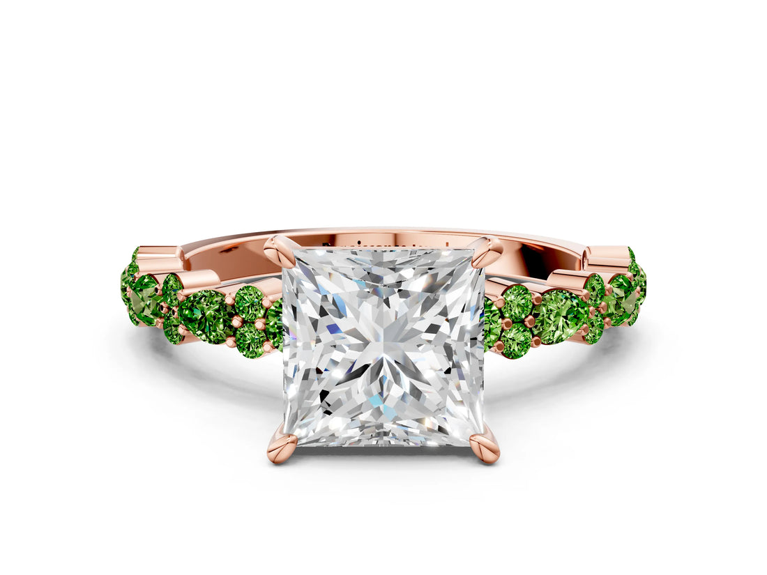 Rose gold Princess Cut Diamond Side Stone Solitaire Ring with Round with Peridot side stone and Four-Prong Setting