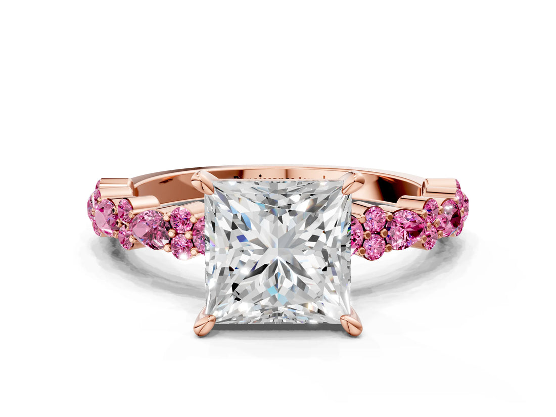 Rose gold Princess Cut Diamond Side Stone Solitaire Ring with Round with Pink Sapphire side stone and Four-Prong Setting