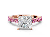 Rose gold Princess Cut Diamond Side Stone Solitaire Ring with Round with Pink Sapphire side stone and Four-Prong Setting