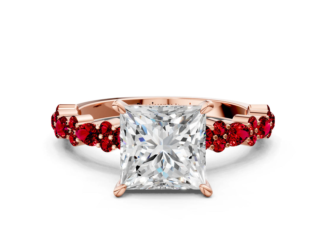 Rose gold Princess Cut Diamond Side Stone Solitaire Ring with Round with Ruby side stone and Four-Prong Setting