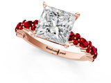 Rose gold Princess Cut Diamond Side Stone Solitaire Ring with Round with Ruby side stone and Four-Prong Setting_1
