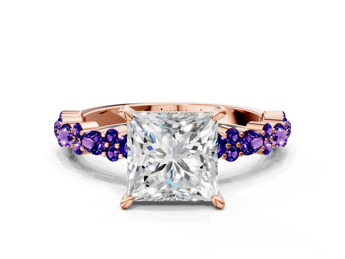 Rose gold Princess Cut Diamond Side Stone Solitaire Ring with Round with Tanzanite side stone and Four-Prong Setting