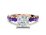 Rose gold Princess Cut Diamond Side Stone Solitaire Ring with Round with Tanzanite side stone and Four-Prong Setting