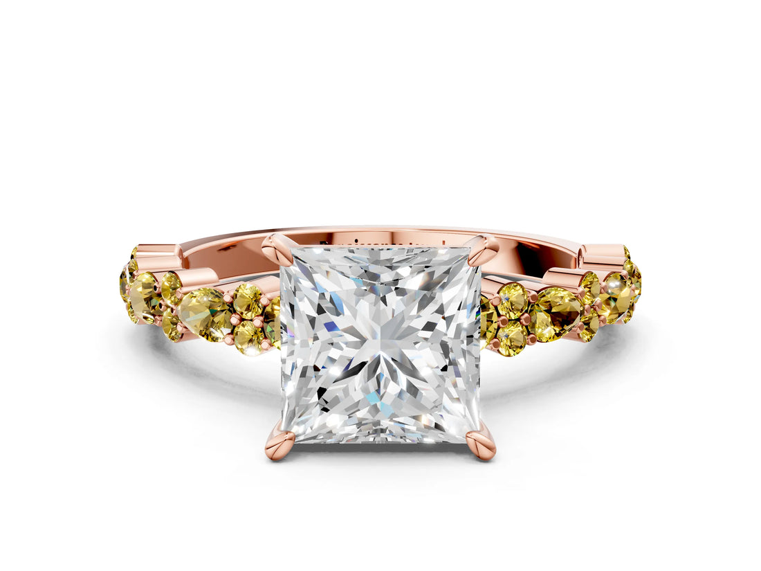 Rose gold Princess Cut Diamond Side Stone Solitaire Ring with Round with Yellow Sapphire side stone and Four-Prong Setting