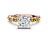 Rose gold Princess Cut Diamond Side Stone Solitaire Ring with Round with Yellow Sapphire side stone and Four-Prong Setting