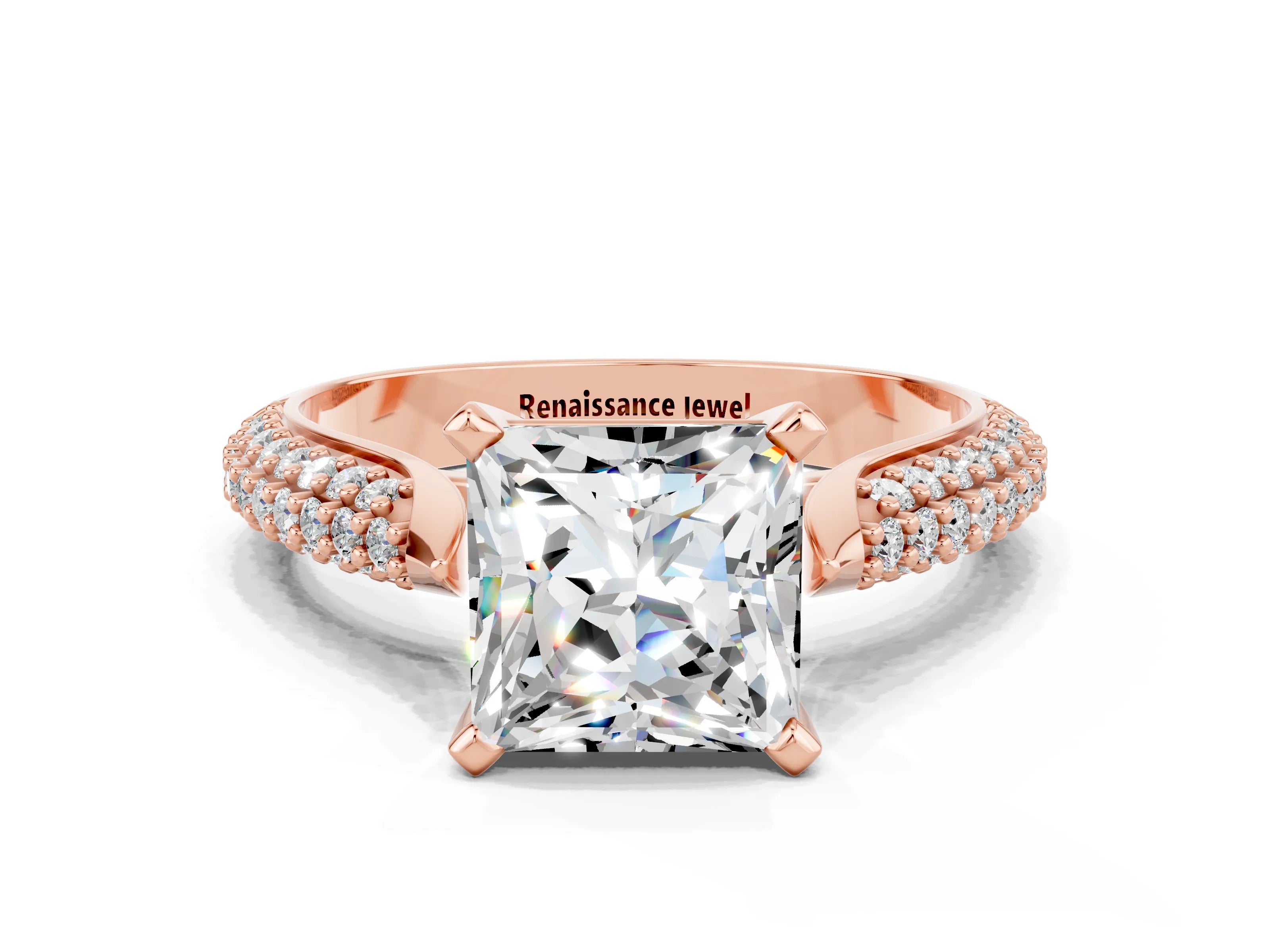 Rose gold Princess Cut Diamond Solitaire Engagement Ring with Pavé Band and Four-Prong Setting