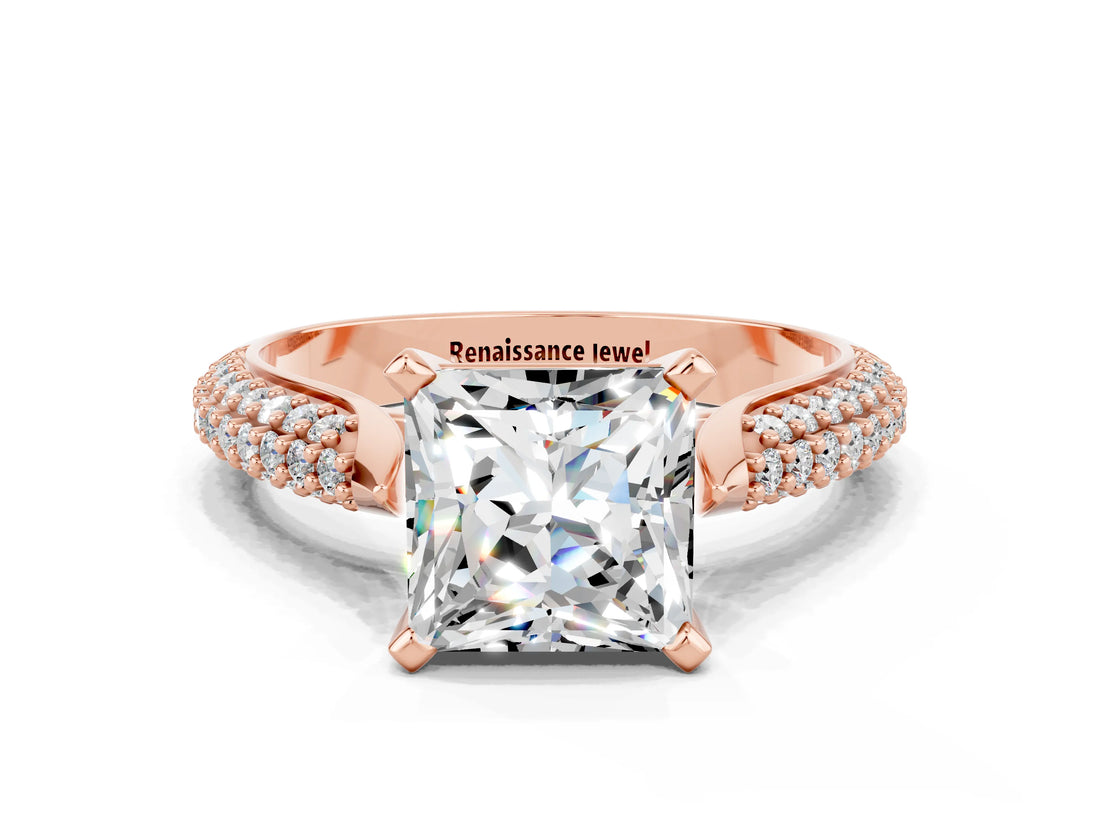 Rose gold Princess Cut Diamond Solitaire Engagement Ring with Pavé Band and Four-Prong Setting