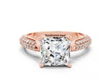 Rose gold Princess Cut Diamond Solitaire Engagement Ring with Pavé Band and Four-Prong Setting