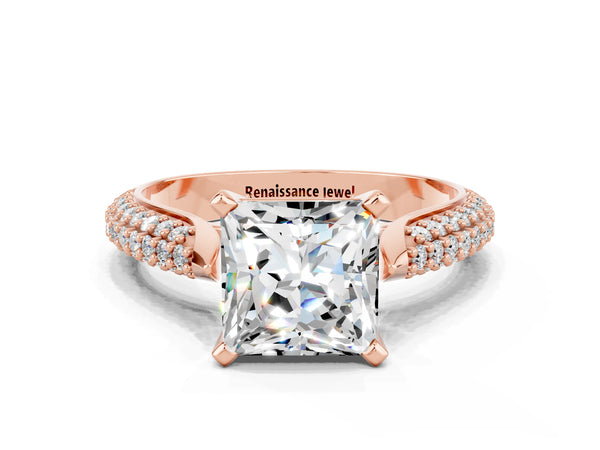 Rose gold Princess Cut Moissanite Solitaire Engagement Ring with Multi-Row Round Pavé Band and Prong Setting