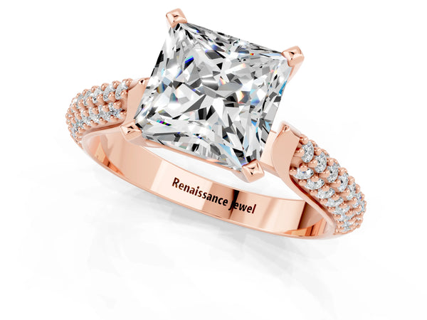 Rose gold Princess Cut Moissanite Solitaire Engagement Ring with Multi-Row Round Pavé Band and Prong Setting