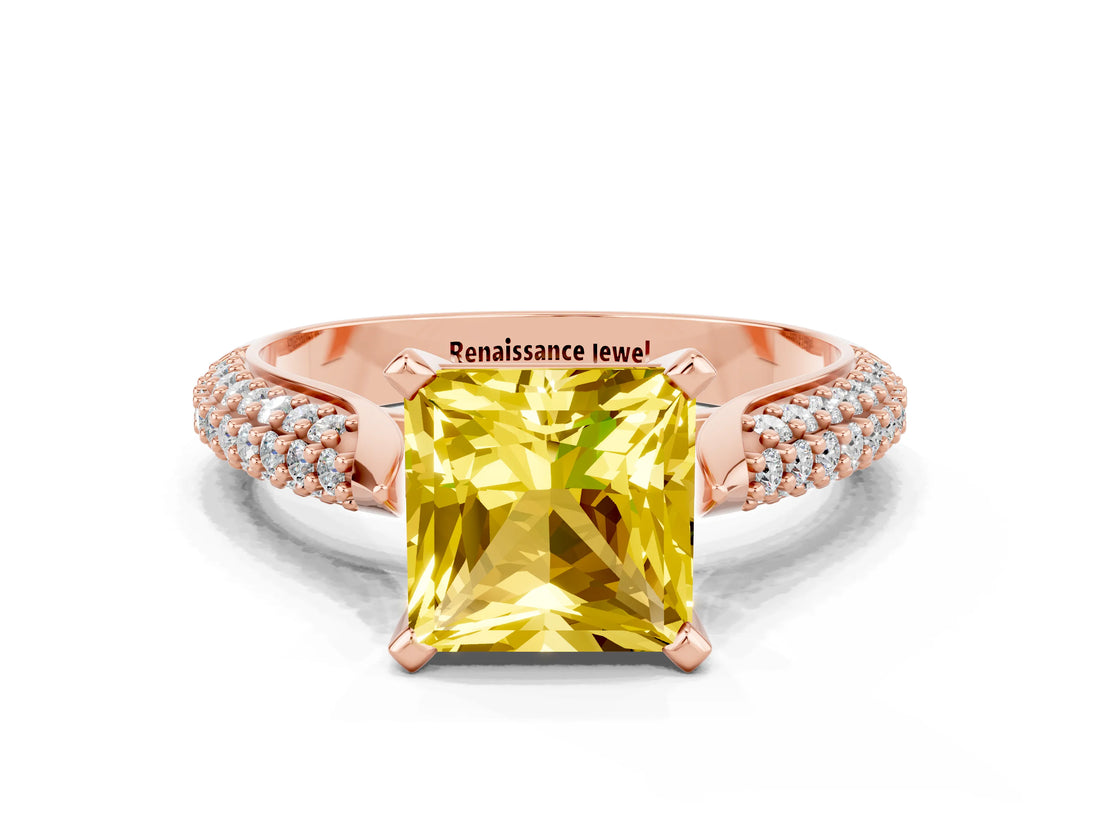 Rose gold Princess Cut Diamond Solitaire Engagement Ring with Pavé Band and Four-Prong Setting