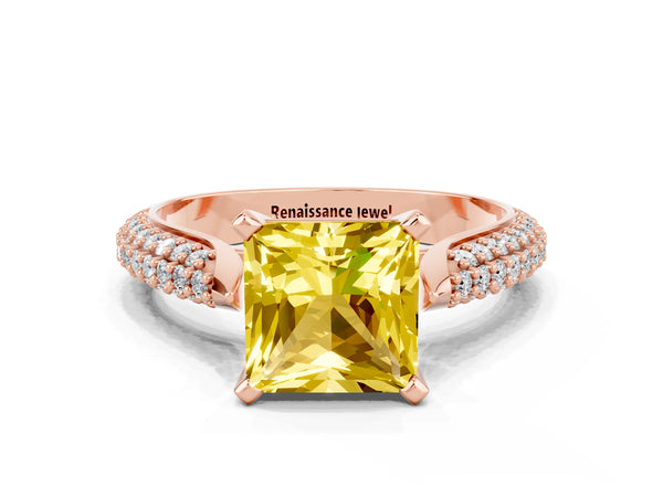 Rose gold Princess Cut Yellow Sapphire Solitaire Engagement Ring with Multi-Row Round Pavé Band and Prong Setting