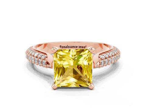 Rose gold Princess Cut Diamond Solitaire Engagement Ring with Pavé Band and Four-Prong Setting