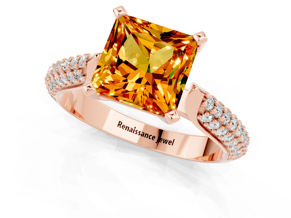 Rose gold Princess Cut Citrine Solitaire Engagement Ring with Multi-Row Round Pavé Band and Prong Setting