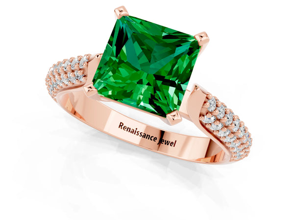 Rose gold Princess Cut Emerald Solitaire Engagement Ring with Multi-Row Round Pavé Band and Prong Setting