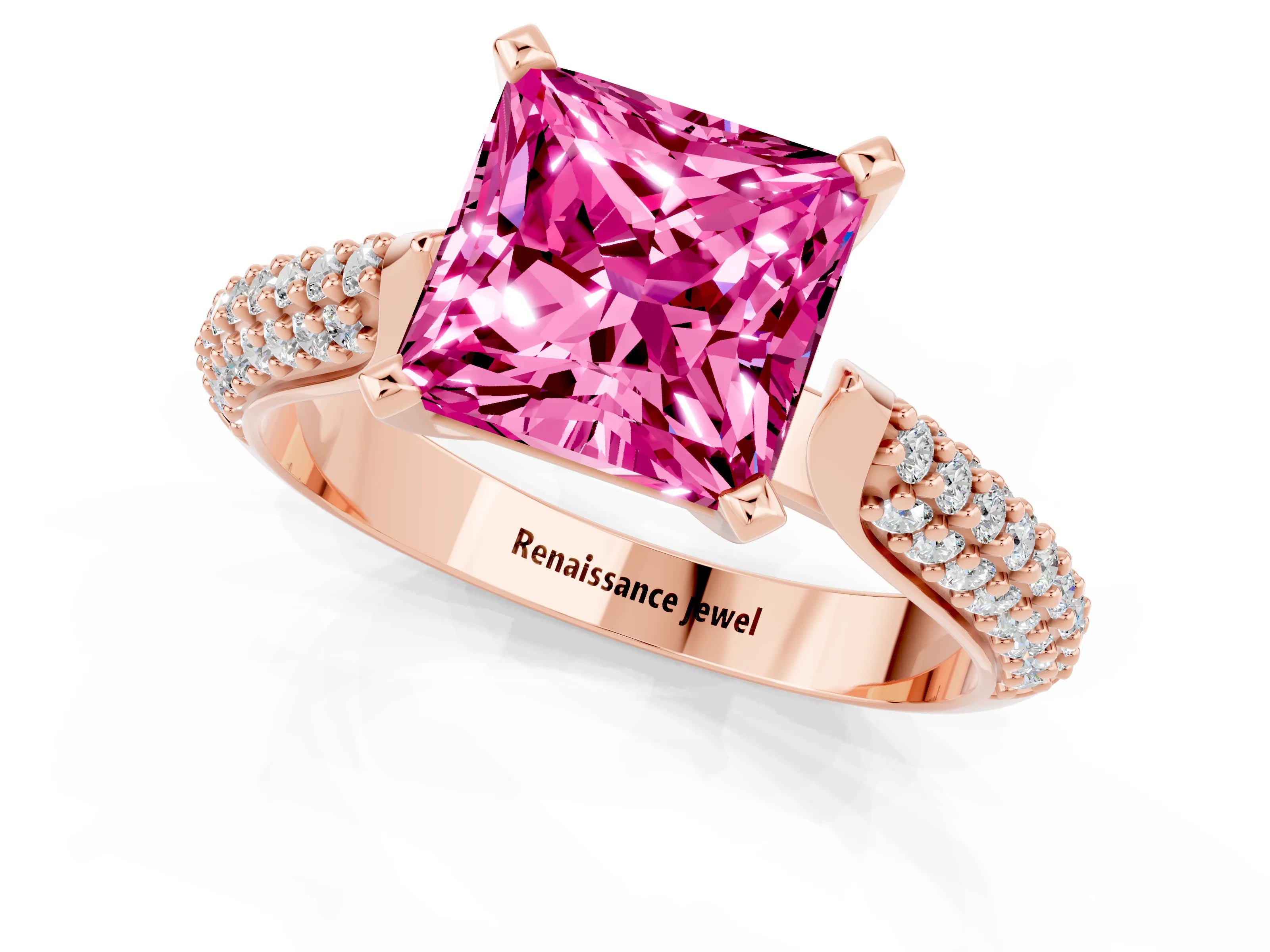 Rose gold Princess Cut Diamond Solitaire Engagement Ring with Pavé Band and Four-Prong Setting_1