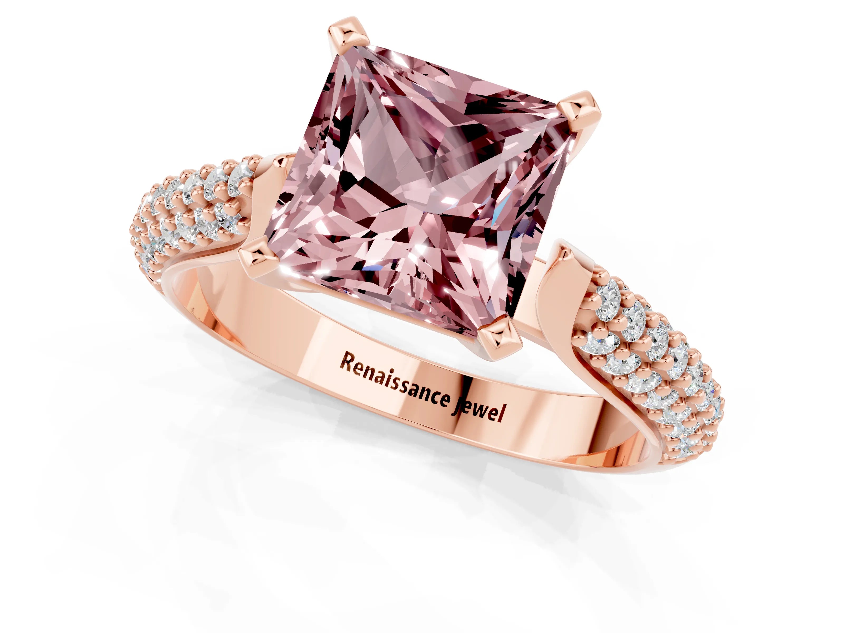 Rose gold Princess Cut Diamond Solitaire Engagement Ring with Pavé Band and Four-Prong Setting_1