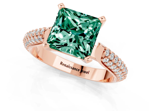Rose gold Princess Cut Green Sapphire Solitaire Engagement Ring with Multi-Row Round Pavé Band and Prong Setting