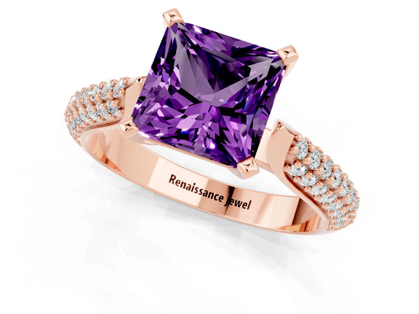Rose gold Princess Cut Amethyst Solitaire Engagement Ring with Multi-Row Round Pavé Band and Prong Setting
