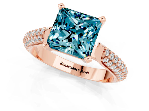 Rose gold Princess Cut Diamond Solitaire Engagement Ring with Pavé Band and Four-Prong Setting