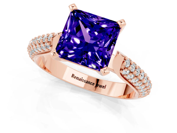 Rose gold Princess Cut Tanzanite Solitaire Engagement Ring with Multi-Row Round Pavé Band and Prong Setting