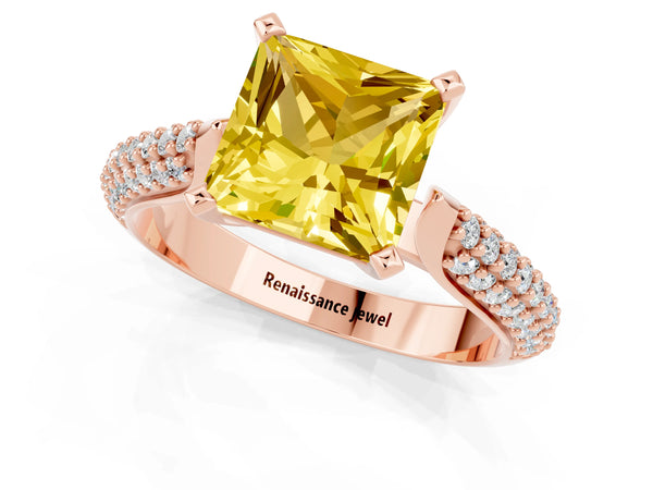 Rose gold Princess Cut Yellow Sapphire Solitaire Engagement Ring with Multi-Row Round Pavé Band and Prong Setting
