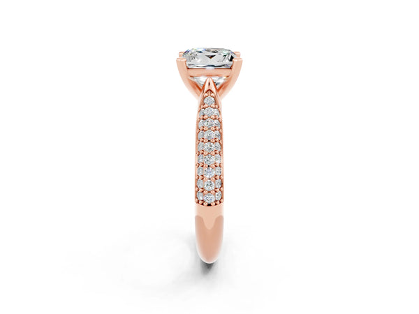 Rose gold Princess Cut Moissanite Solitaire Engagement Ring with Multi-Row Round Pavé Band and Prong Setting
