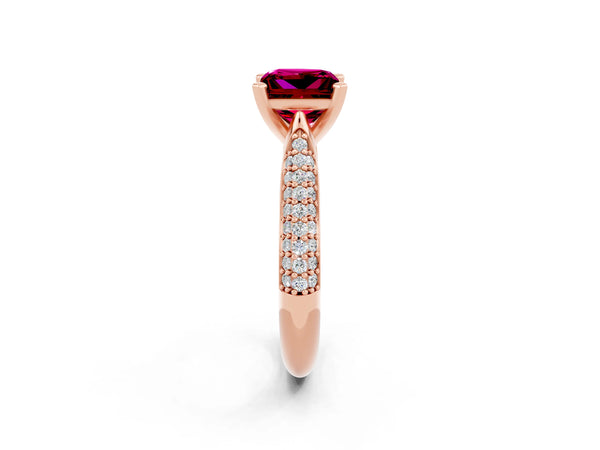 Rose gold Princess Cut Garnet Solitaire Engagement Ring with Multi-Row Round Pavé Band and Prong Setting