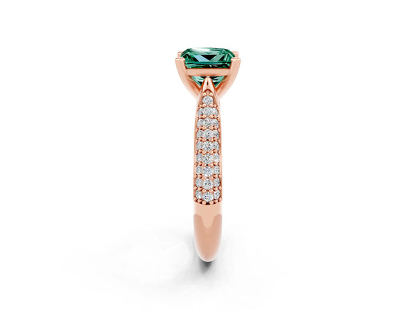 Rose gold Princess Cut Green Sapphire Solitaire Engagement Ring with Multi-Row Round Pavé Band and Prong Setting