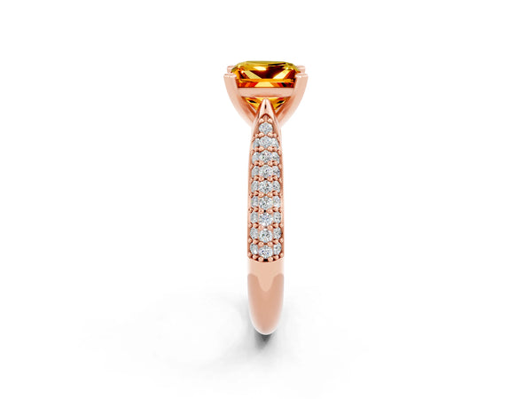Rose gold Princess Cut Citrine Solitaire Engagement Ring with Multi-Row Round Pavé Band and Prong Setting
