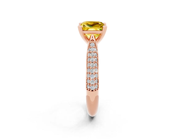 Rose gold Princess Cut Yellow Sapphire Solitaire Engagement Ring with Multi-Row Round Pavé Band and Prong Setting