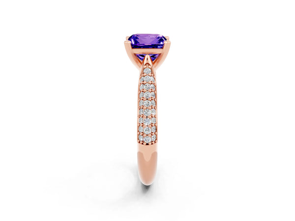 Rose gold Princess Cut Tanzanite Solitaire Engagement Ring with Multi-Row Round Pavé Band and Prong Setting