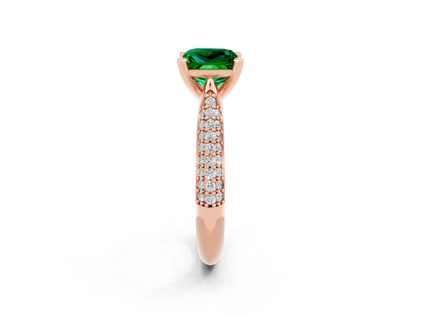 Rose gold Princess Cut Emerald Solitaire Engagement Ring with Multi-Row Round Pavé Band and Prong Setting