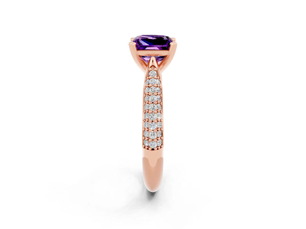 Rose gold Princess Cut Amethyst Solitaire Engagement Ring with Multi-Row Round Pavé Band and Prong Setting