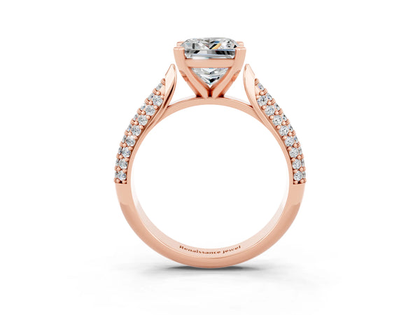 Rose gold Princess Cut Moissanite Solitaire Engagement Ring with Multi-Row Round Pavé Band and Prong Setting