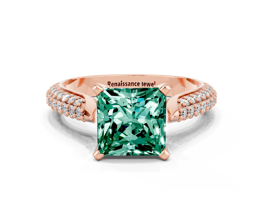 Rose gold Princess Cut Diamond Solitaire Engagement Ring with Pavé Band and Four-Prong Setting