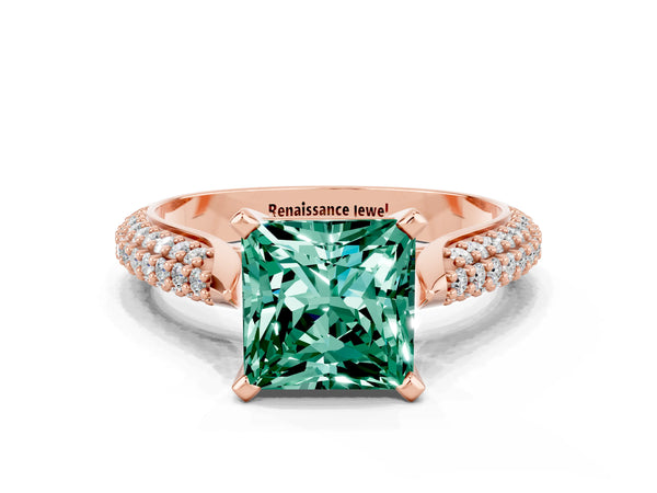 Rose gold Princess Cut Green Sapphire Solitaire Engagement Ring with Multi-Row Round Pavé Band and Prong Setting