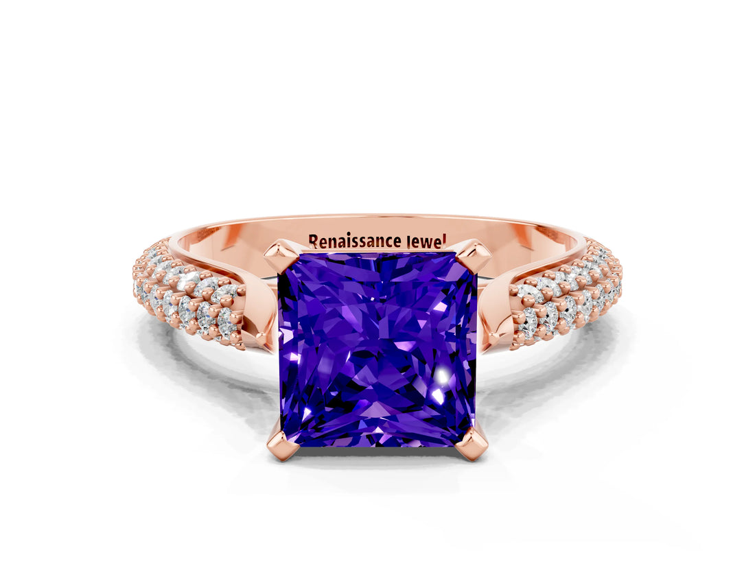 Rose gold Princess Cut Diamond Solitaire Engagement Ring with Pavé Band and Four-Prong Setting