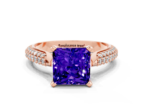 Rose gold Princess Cut Tanzanite Solitaire Engagement Ring with Multi-Row Round Pavé Band and Prong Setting