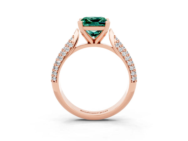 Rose gold Princess Cut Green Sapphire Solitaire Engagement Ring with Multi-Row Round Pavé Band and Prong Setting