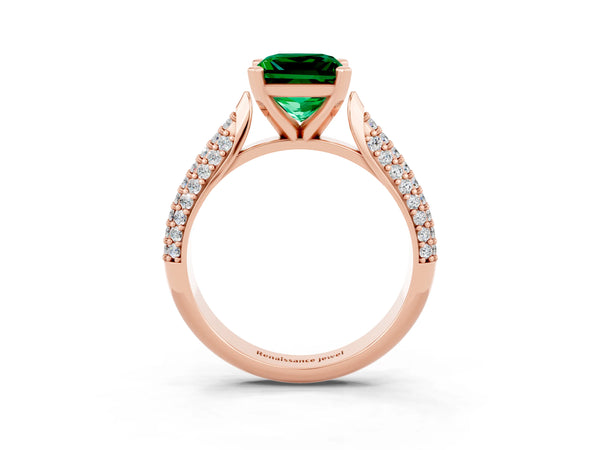 Rose gold Princess Cut Emerald Solitaire Engagement Ring with Multi-Row Round Pavé Band and Prong Setting