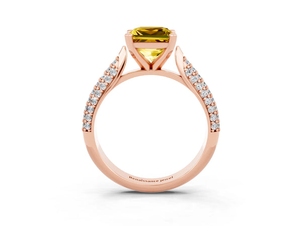 Rose gold Princess Cut Yellow Sapphire Solitaire Engagement Ring with Multi-Row Round Pavé Band and Prong Setting