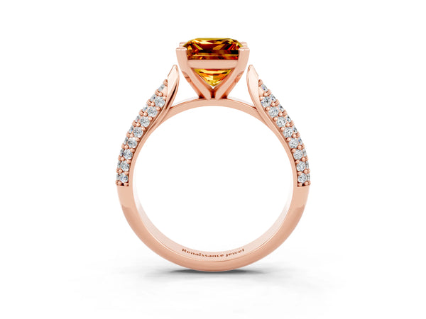 Rose gold Princess Cut Citrine Solitaire Engagement Ring with Multi-Row Round Pavé Band and Prong Setting