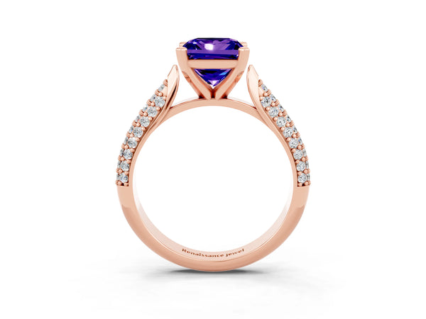 Rose gold Princess Cut Tanzanite Solitaire Engagement Ring with Multi-Row Round Pavé Band and Prong Setting